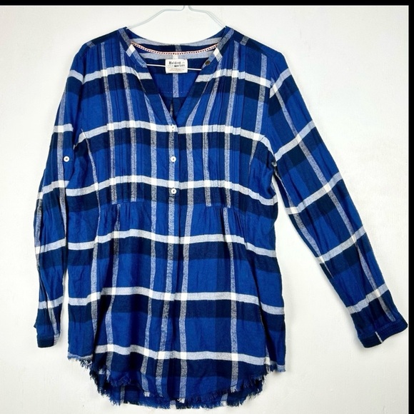Anthropologie | HOLDING HORSES button up roll tab fringe hem blue plaid country - Picture 1 of 16